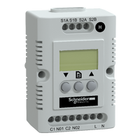 NSYCCOHY230VID NSYCCOHY230VID Climasys CC - elektronski higrostat - 200…240 V - Hr 20…80% - OLED displej Tip proizvoda ili komponente	
Elektronski senzor vlažnosti
Podešavanje opsega vlažnosti	
20…80 %
Tip displeja	
OLED ekran
Prikazana informacija	
Relativna vlažnost
Dopunske informacije
Naponski ulaz	
200...240 V AC
Maksimalna moć preklapanja	
4 A 230 V AC
Električna veza	
6 terminals, clamping capacity: 2.5 mm²
Način montiranja	
Zavrtnjima
Stezaljkom
Visina	
85 mm external:
Širina	
56 mm external:
Dubina	
44 mm external:
Lokacija za montiranje	
Na montažnoj ploči
Poprečne šine
35 mm DIN šina
Spacial nosač
Temperatura okoline za rad uređaja	
-40…80 °C
Histerezis	
3 %
Broj izlaza	
2 heating function
Materijal	
PC
Boja	
Svetlosiva 