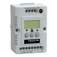  NSYCCOHYT230VID NSYCCOHYT230VID Elektronski higrostat i termostat - 200…240 V - temp -40…80°C - Hr 20…80% Tip proizvoda ili komponente	
Elektronski senzor vlažnosti i temperature
Opseg podešavanja temperature	
-40…80 °C
Podešavanje opsega vlažnosti	
20…80 %
Tip displeja	
OLED ekran
Prikazana informacija	
Relativna vlažnost
Temperatura u °F
Temperatura u °C
Dopunske informacije
Naponski ulaz	
200...240 V AC
Tip senzora	
Opcioni NTC spoljašnji senzor
Maksimalna moć preklapanja	
4 A 230 V AC
Električna veza	
8 priključaka, kapacitet stezaljke: 2.5 mm²
Način montiranja	
Stezaljkom
Zavrtnjima
Visina	
85 mm external:
Širina	
56 mm external:
Dubina	
44 mm external:
Lokacija za montiranje	
35 mm DIN šina
Poprečne šine
Spacial nosač
Na montažnoj ploči
Temperatura okoline za rad uređaja	
-40…80 °C
Histerezis	
2 K programmed value
Histerezis	
3 %
Broj izlaza	
2 ventilation/heating function
Materijal	
PC
Boja	
Svetlosiva 