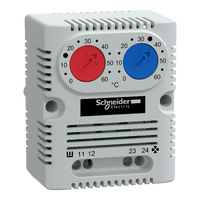  NSYCCOTHD NSYCCOTHD ClimaSys CC - dupli termostat 250V - opseg 0…60°C - 1NO/NC - °C Tip proizvoda ili komponente	
Dvostruki termostat
Opseg podešavanja temperature	
0…60 °C
Prikazana informacija	
Temperatura u °C
Dopunske informacije
Naponski ulaz	
250 V
Tip senzora	
Bimetalni
Tip kontakata i sastav	
1 NO/NC
Otpornost kontakta	
10 mΩ
Servisni vek u ciklusima	
100000 ciklusa
Maksimalna moć preklapanja	
2 A 120...250 V AC induktivno pf: 0,6
10 A 250 V AC rezistivno
15 A 120 V AC rezistivno
30 W DC
Električna veza	
4 priključka, kapacitet stezaljke: 2.5 mm²
Način montiranja	
Stezaljkom
Visina	
68 mm spoljašnja:
Širina	
56 mm external:
Dubina	
44 mm external:
Masa proizvoda	
40 g
Lokacija za montiranje	
Spacial nosač
Na montažnoj ploči
35 mm DIN šina
Poprečne šine
Temperatura okoline za rad uređaja	
-20…80 °C
Ip stepen zaštite	
IP20
Histerezis	
7 %
Broj izlaza	
1 funkcija grejanja
1 funkcija ventilacije
Materijal	
PC
Boja	
Svetlosiva 