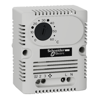  NSYCCOTHI NSYCCOTHI ClimaSys CC - termostat 250V - opseg +5…60°C - 1 NO/NC - °C Tip proizvoda ili komponente	
Termostat
Opseg podešavanja temperature	
5…60 °C
Prikazana informacija	
Temperatura u °C
Dopunske informacije
Naponski ulaz	
250 V
Tip senzora	
Bimetalni
Tip kontakata i sastav	
1 NO/NC
Otpornost kontakta	
10 mΩ
Servisni vek u ciklusima	
100000 ciklusa
Maksimalna moć preklapanja	
4 A 250 V AC induktivno pf: 0,6
30 W DC
10 A 250 V AC induktivno
Električna veza	
4 priključka, kapacitet stezaljke: 2.5 mm²
Način montiranja	
Stezaljkom
Visina	
68 mm spoljašnja:
Širina	
56 mm external:
Dubina	
44 mm external:
Masa proizvoda	
100 g
Lokacija za montiranje	
Poprečne šine
Na montažnoj ploči
35 mm DIN šina
Spacial nosač
Temperatura okoline za rad uređaja	
-20…80 °C
Ip stepen zaštite	
IP20
Histerezis	
7 %
Broj izlaza	
1 funkcija grejanja
1 funkcija ventilacije
Materijal	
PC
Boja	
Svetlosiva 
