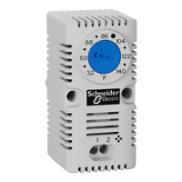  NSYCCOTHOF NSYCCOTHOF ClimaSys CC - jednostavni termostat 250V - opseg 0…60°C - NO - °F Tip proizvoda ili komponente	
Jednostavan termostat
Opseg podešavanja temperature	
0…60 °C
Prikazana informacija	
Temperatura u °F
Dopunske informacije
Naponski ulaz	
250 V
Tip senzora	
Bimetalni
Tip kontakata i sastav	
NO
Otpornost kontakta	
10 mΩ
Servisni vek u ciklusima	
100000 ciklusa
Maksimalna moć preklapanja	
2 A 120...250 V AC induktivno pf: 0,6
10 A 250 V AC rezistivno
15 A 120 V AC rezistivno
30 W DC
Električna veza	
4 priključka, kapacitet stezaljke: 2.5 mm²
Način montiranja	
Stezaljkom
Visina	
68 mm spoljašnja:
Širina	
33 mm spoljašnja:
Dubina	
44 mm external:
Masa proizvoda	
40 g
Lokacija za montiranje	
Spacial nosač
35 mm DIN šina
Na montažnoj ploči
Poprečne šine
Temperatura okoline za rad uređaja	
-20…80 °C
Ip stepen zaštite	
IP20
Histerezis	
7 %
Broj izlaza	
1 funkcija ventilacije
Materijal	
PC
Boja	
Svetlosiva 