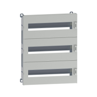 NSYDLM48 NSYDLM48 Modularno kućište DLM tip za Spacial WM orman, 48 modula, V500xŠ400 mm Tip proizvoda ili komponente	
Šasija
Kratko ime uređaja	
DLM
For enclosure nominal dimensions	
-
Lokacija za montiranje	
Kliznica
Prednja strana ormana
Kompatibilnost grupe proizvoda	
Spacial S3D
Spacial S3X
Spacial CRN
Sastav uređaja	
1 konstrukcija šasije
2 završni poklopac
1 sabirnica nule/uzemljenja 2 x 16 mm² 5 x 6 mm²
3 prednji paneli sa 35 mm DIN šinom
Količina po setu	
Set od 1
Dopunske informacije
Materijal	
Čelik
Boja	
Prednji panel: siva (RAL 7035)
Završna obrada	
Poliesterski prah
Način fiksiranja	
Sa elementom za fiksiranje - napred i nazad sa nosačima lokacija
Podešavanje	
U visinu od 40 do 85 mm za DIN šinu
Broj horizontalnih redova	
3
Ukupan broj 18 mm modula	
48
Tip prednje ploče	
Puna i ploče sa otvorima
Broj otvora	
3 izreza
Visina	
453 mm
Širina	
355 mm
Dubina	
101,5 mm 