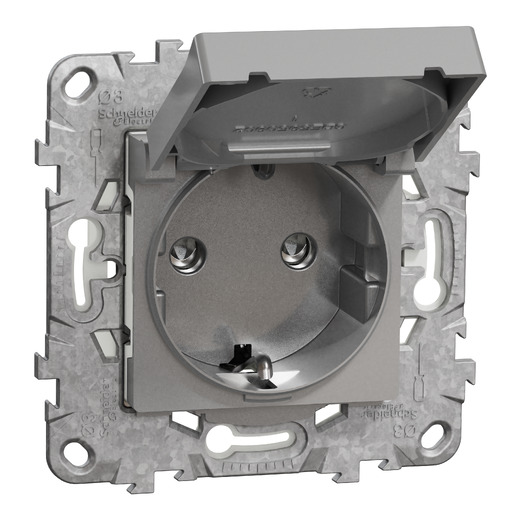 Priza Noua Unica cu Capac Obturatoare 2P+E 16A Aluminiu + Suport Fixare, NU508230, Schneider Electric - Schneider [1]
