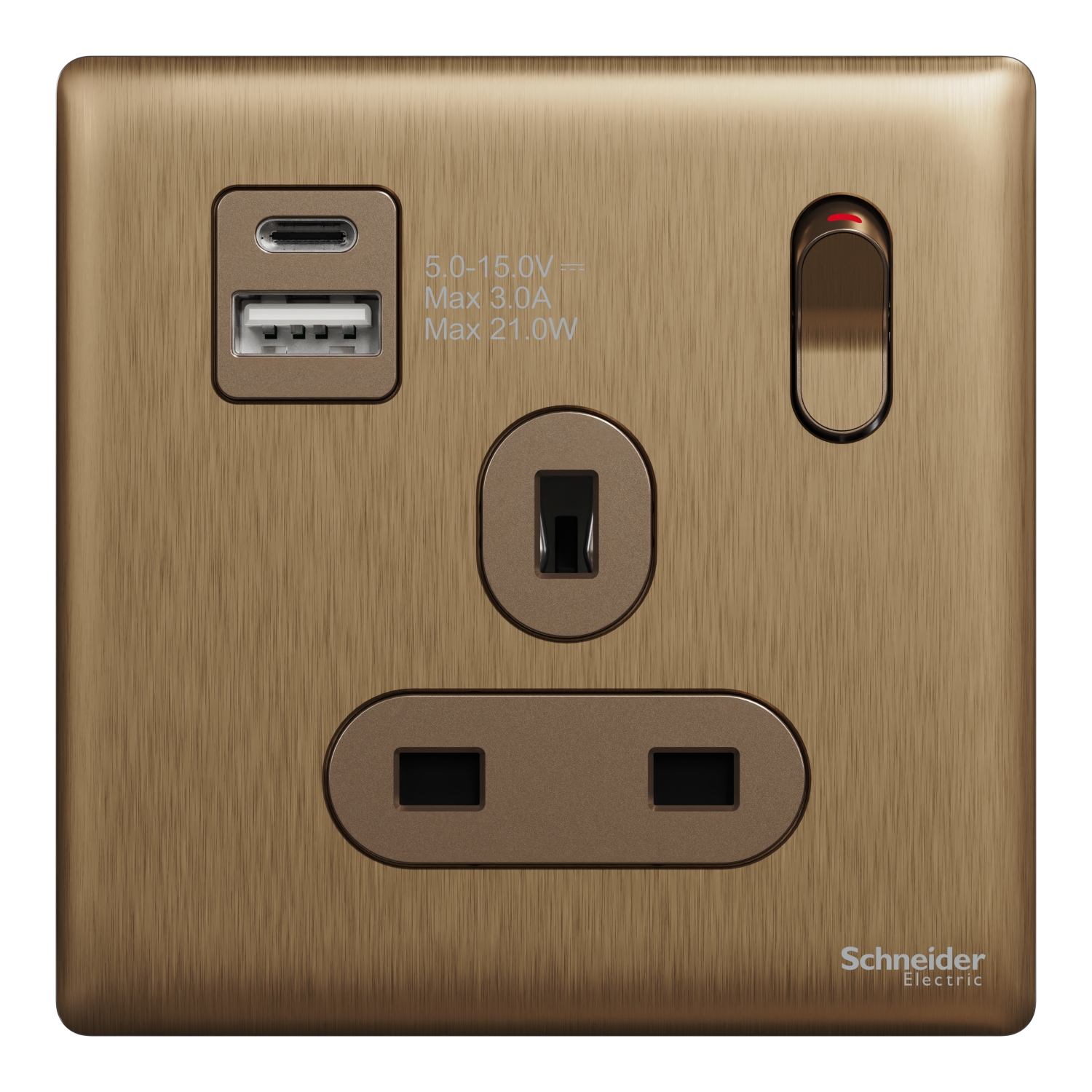 NUX15DACQUS_DB Switched socket with USB, Unica X, 13A, 250V, 2 pole