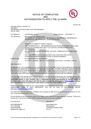PM2000 - Notice of Completion and Authorization to apply the UL Mark