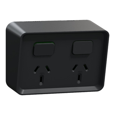 Switched socket outlet, Iconic Outdoor, horizontal, Twin, 10 A, 250 V, Black