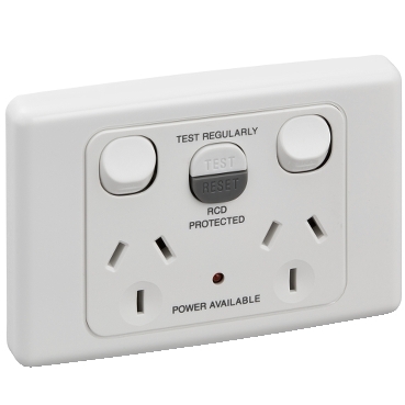 RCD Protected Twin Switch Socket Outlet, 250V, 10A, 1 Pole, 10mA RCD