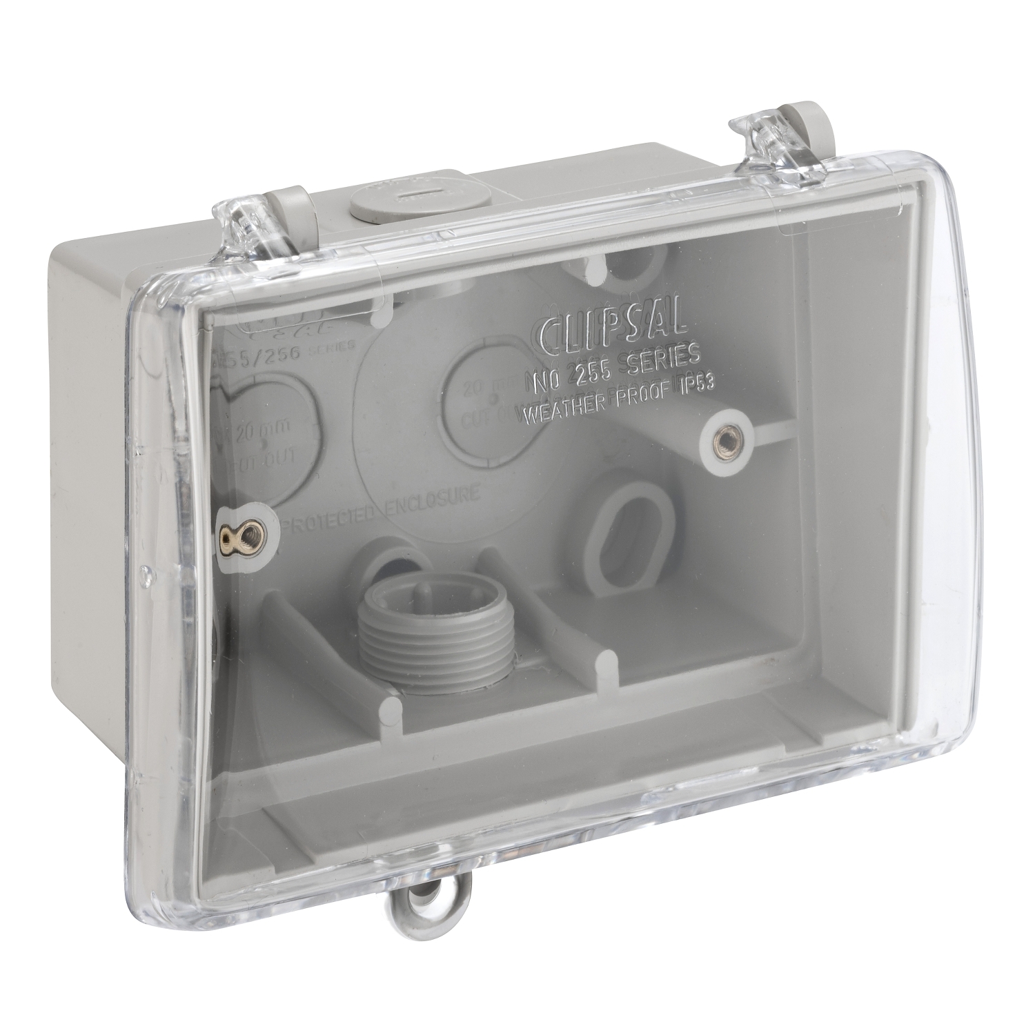 Weather protective box with clear lid and locking provision, Grey