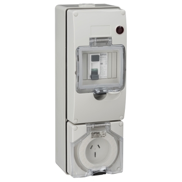 Clipsal - 56 Series, Switched Socket Outlet 250V, 15A, 3 Flat PIN, IP66, Surface Mount, Earth Leakage