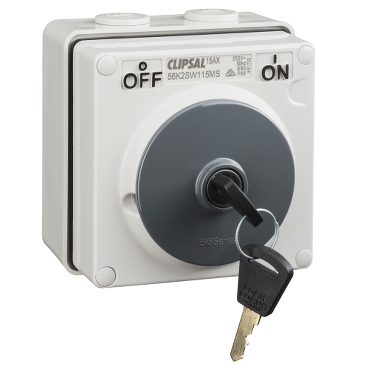 Clipsal - 56 Series, Surface Switch, 1 Pole, 250VAC, 15A, Key Operated, On/Off Locking Position