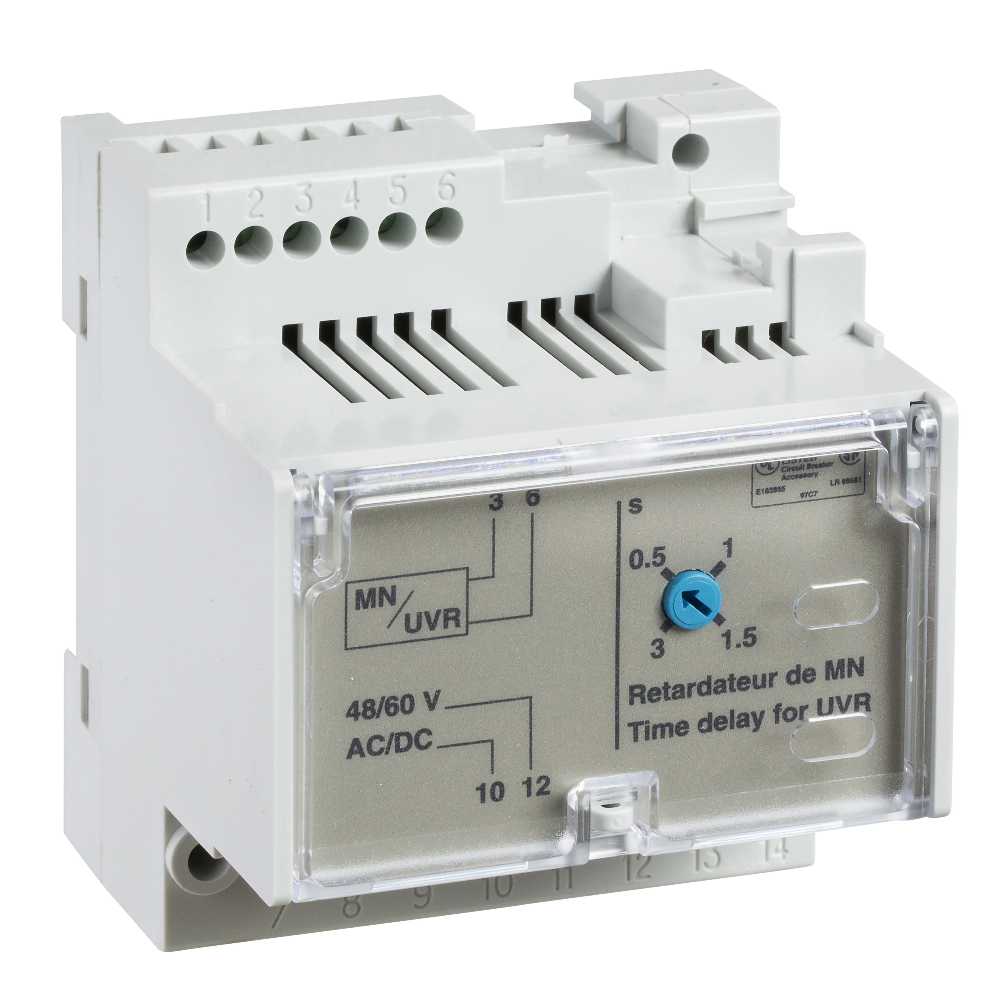 MN delay unit, MasterPact NT/NW, ComPacT NS, adjustable time delay 0.5s/3s, 100/130VDC, 100/130VAC 50/60Hz, spare part