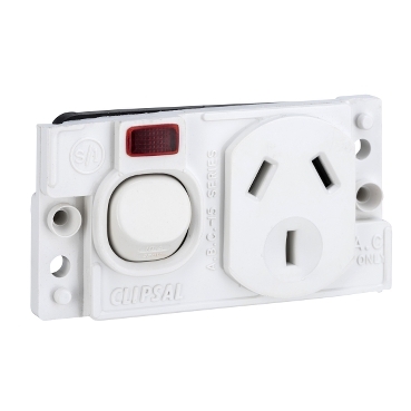 Single Switch Socket Outlet, 250V, 10A, O Style, 2 Pole, Horizontal, Neon