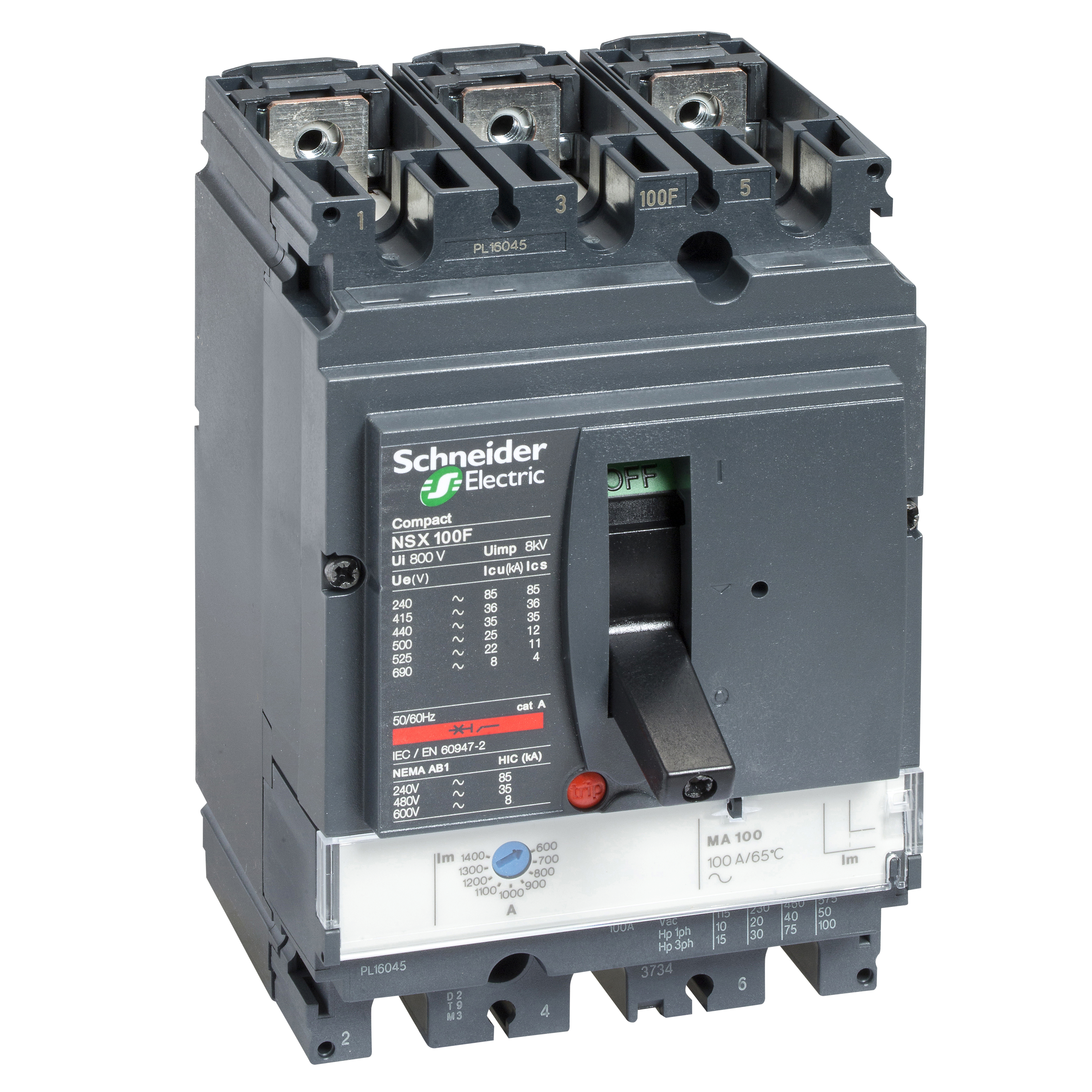 Circuit breaker, ComPact NSX100H, 70kA/415VAC, MA trip unit 100A, 3 poles 3d
