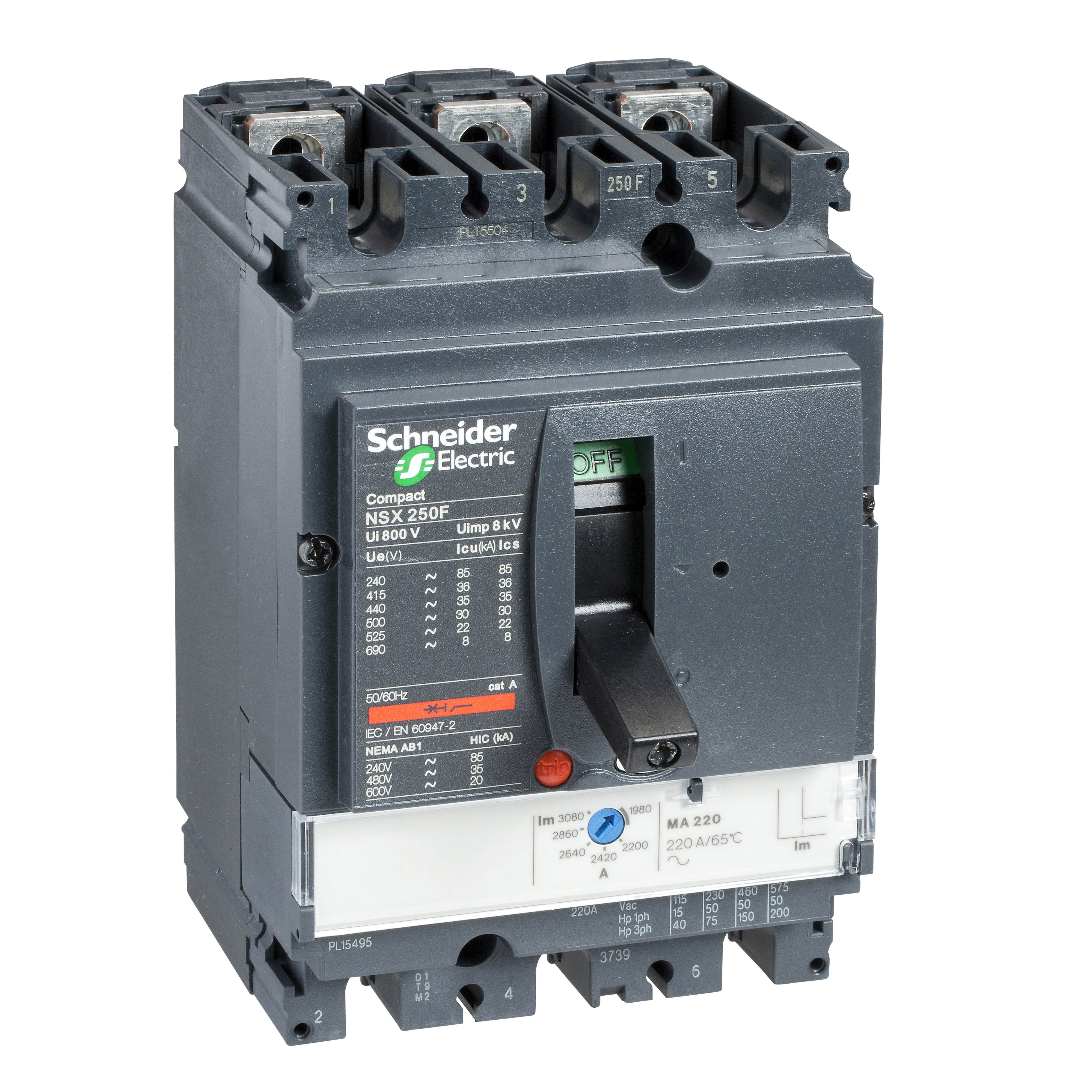 Circuit breaker, ComPact NSX250H, 70kA/415VAC, MA trip unit 150A, 3 poles 3d