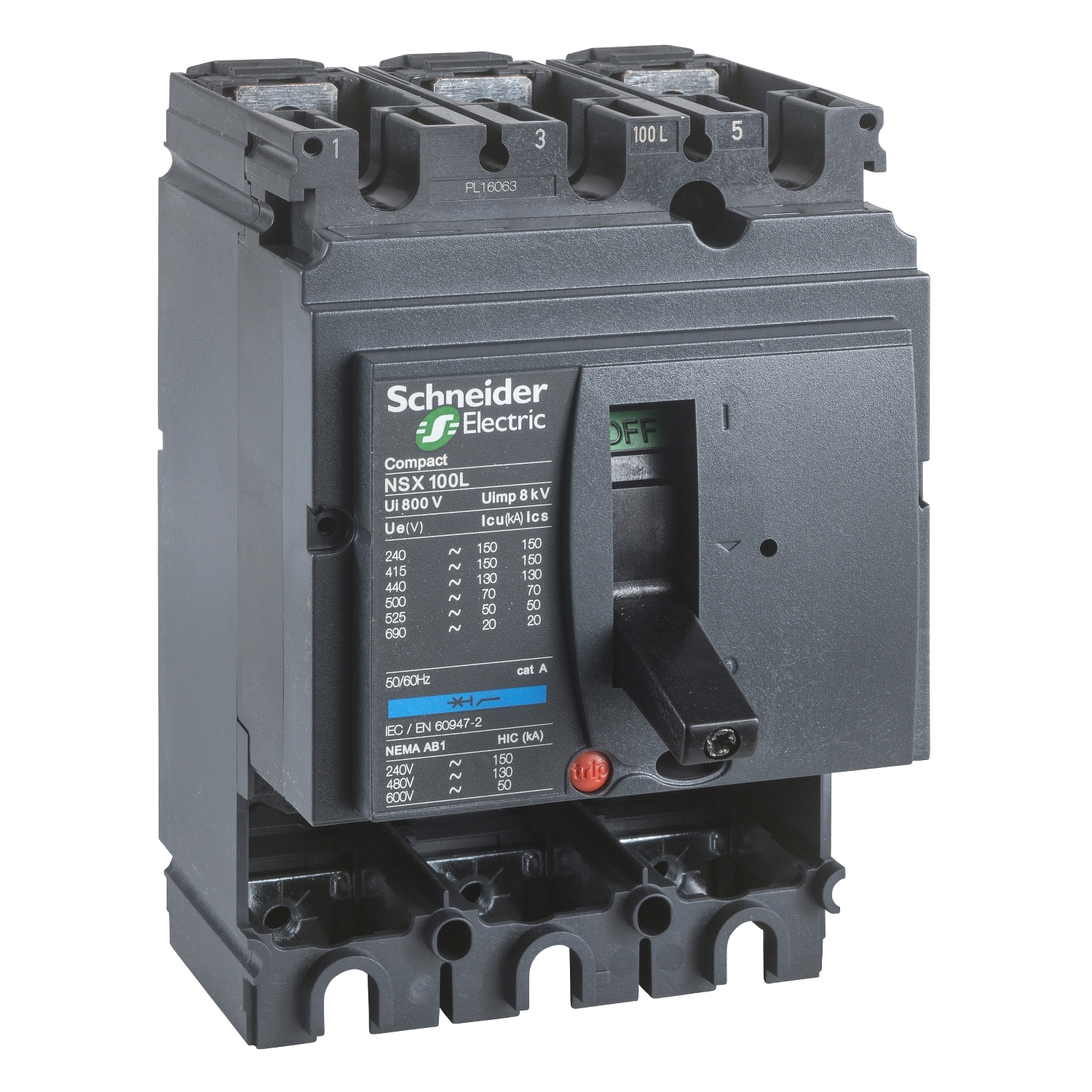 Circuit breaker basic frame, ComPact NSX100H, 70kA at 415VAC 50/60 Hz, 100A, without trip unit, 3 poles