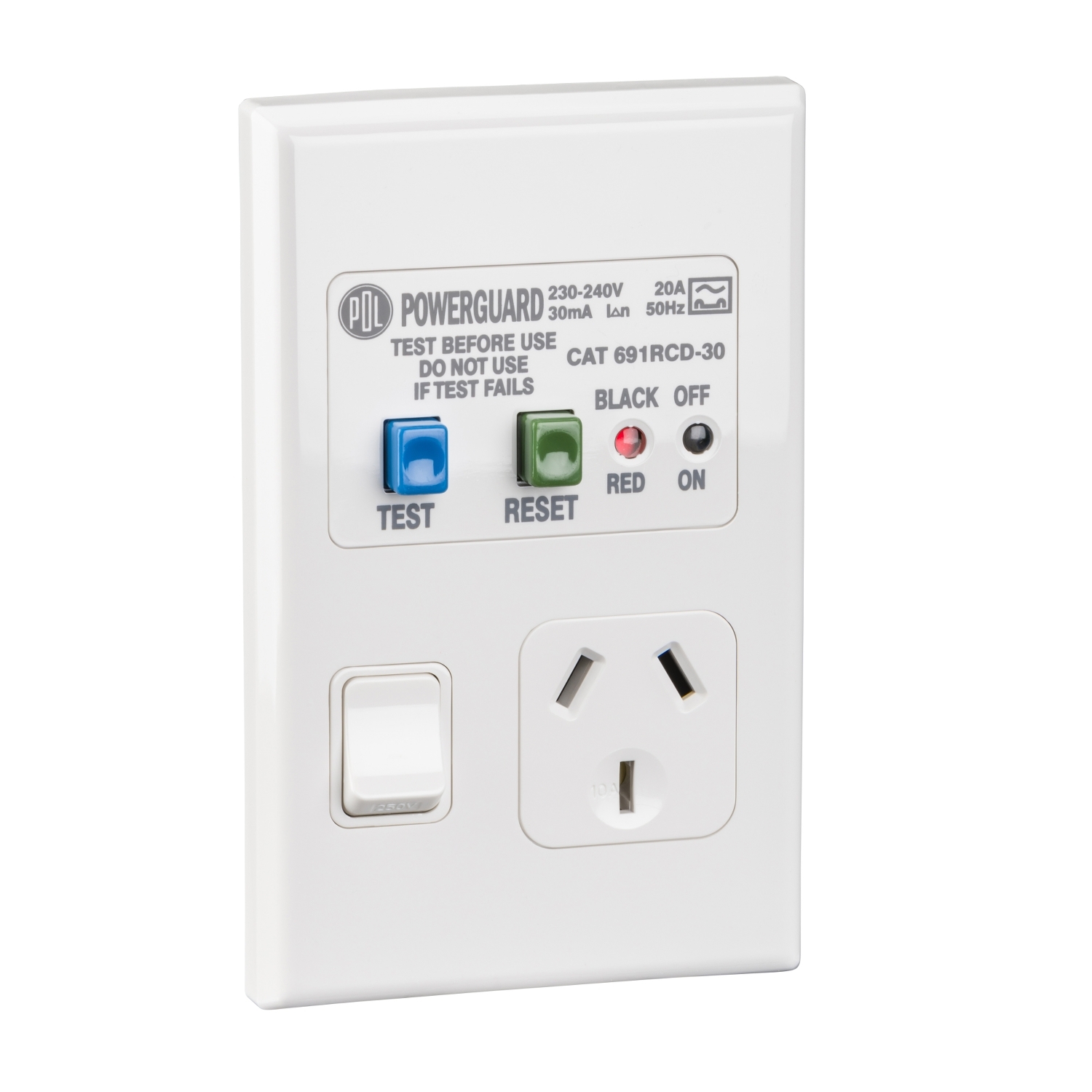 PDL 600 Series - Switched Socket 10A RCD 30mA Trip - White