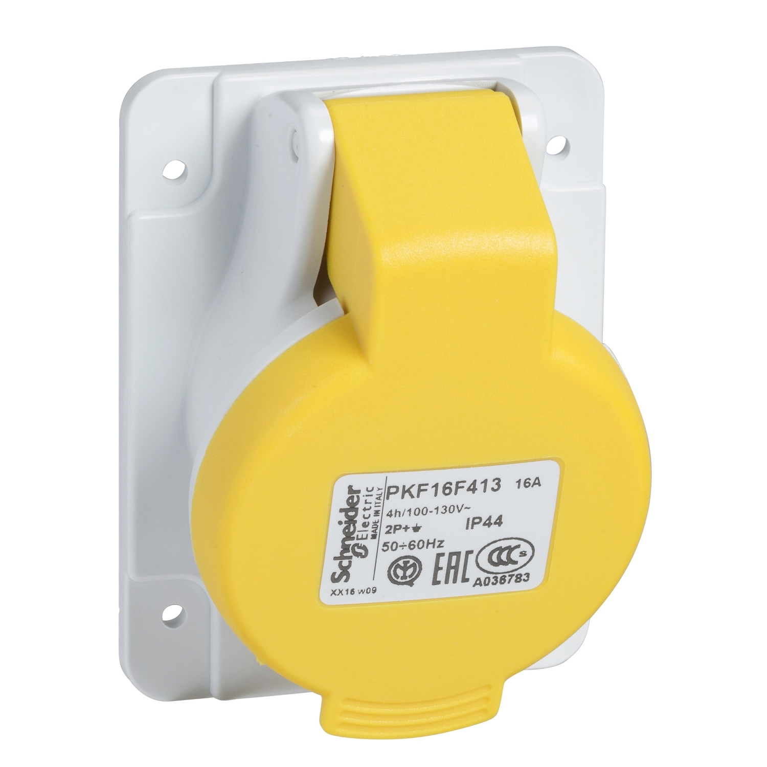 Ipari dugalj beépíthető 2P+E 16A 110V(50+60Hz) sárga ferde IP44 műanyag PratiKa Schneider