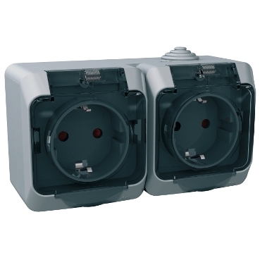 CEDAR PLUS 2x2P+F csatlakozóaljzat, biztonsági zsaluval, átlátszó csapófedéllel, IP44, szürke - WDE000625