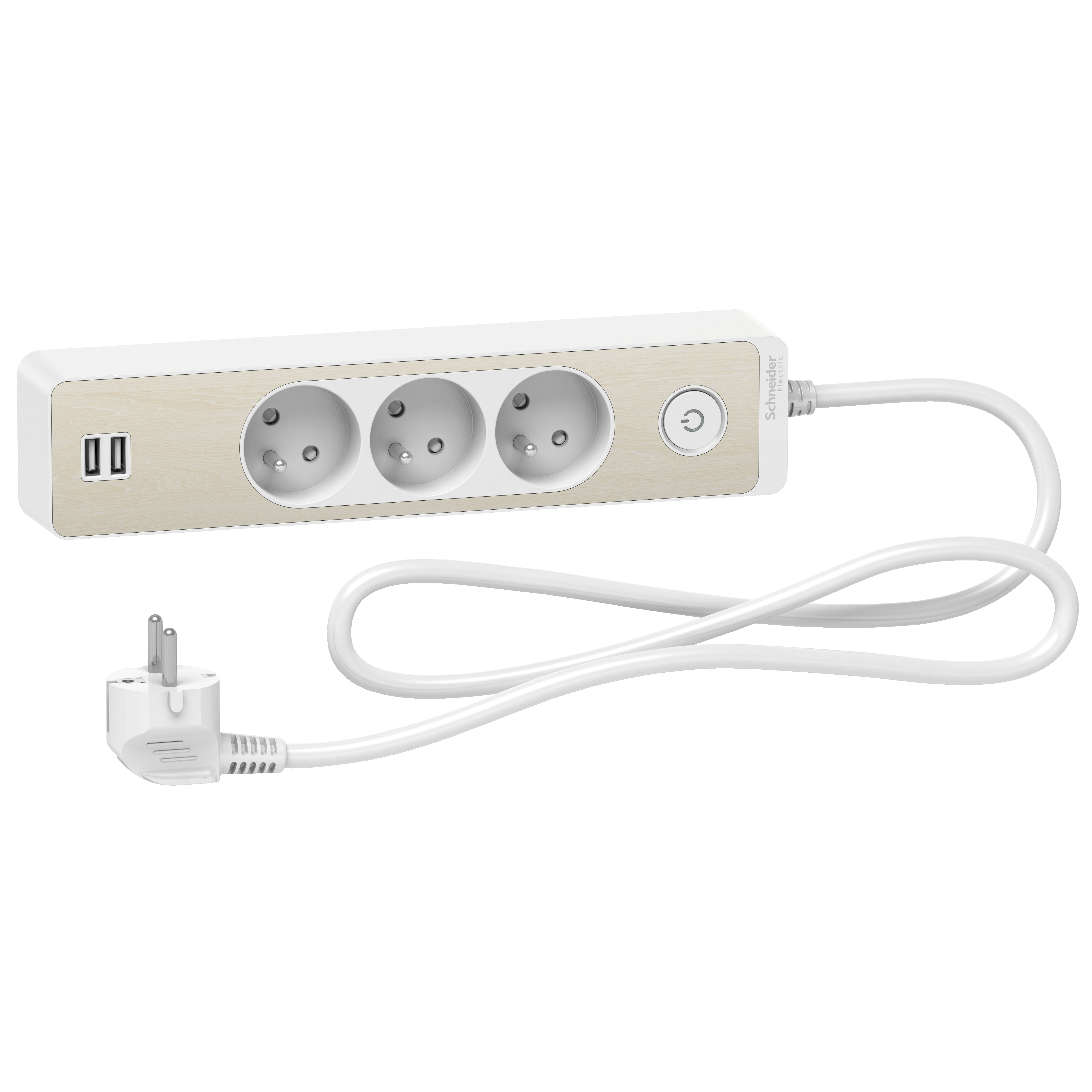 Multipr 3P blc/bois 2USB 1,5m