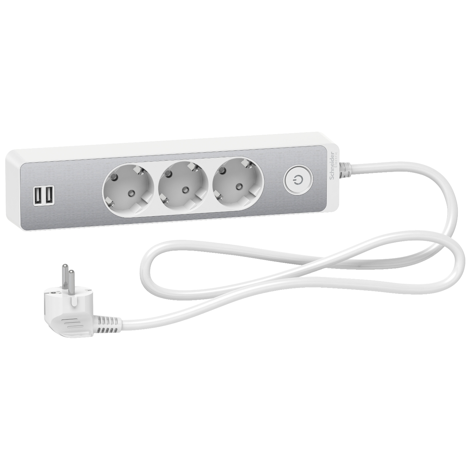 Trailing lead, Unica extend, 3 Schuko, swicthable,  USB type A+A, 1.5m cable, aluminium/white