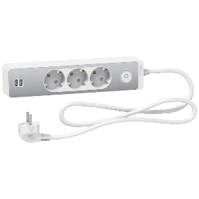Grenuttag,  Unica, 3-vägs, jordat, Schuko, kabel 1,5 m, med 2 st USB, vit/aluminium