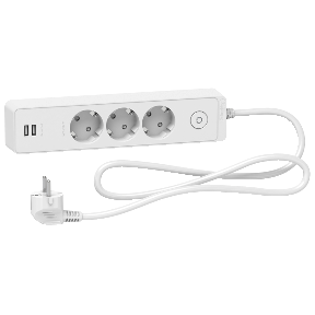 Grenuttag,  Unica, 3-vägs, jordat, Schuko, kabel 1,5 m, med 2 st USB, vit