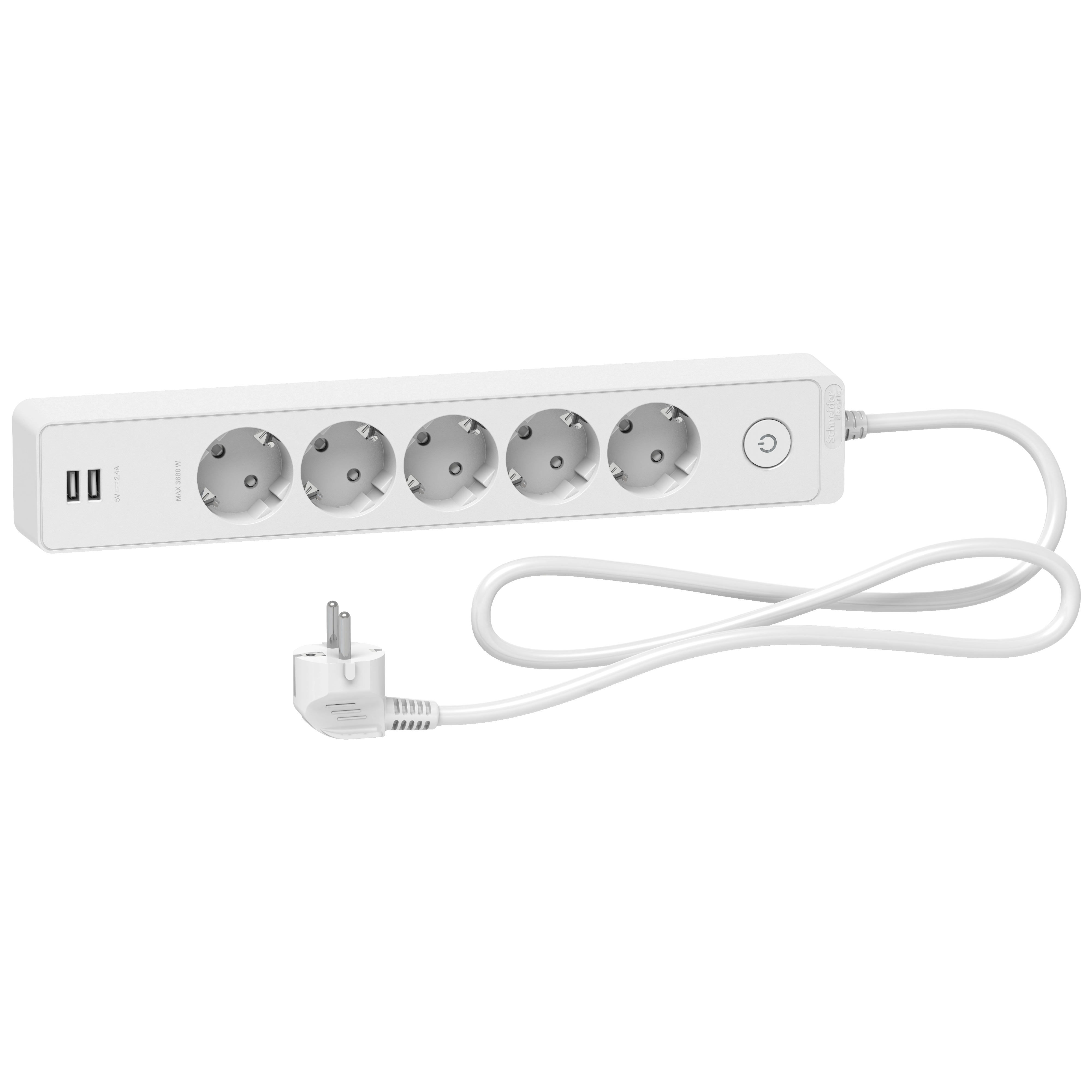 Trailing lead, Unica extend, 5 Schuko, USB type A+A, 1.5m cable, white