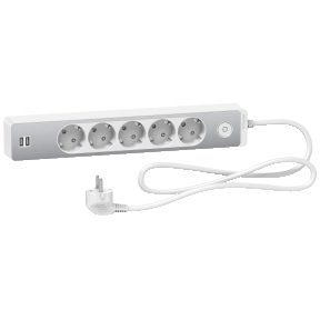 Grenuttag,  Unica, 5-vägs, jordat, Schuko, kabel 1,5 m, med 2 st USB, vit/aluminium
