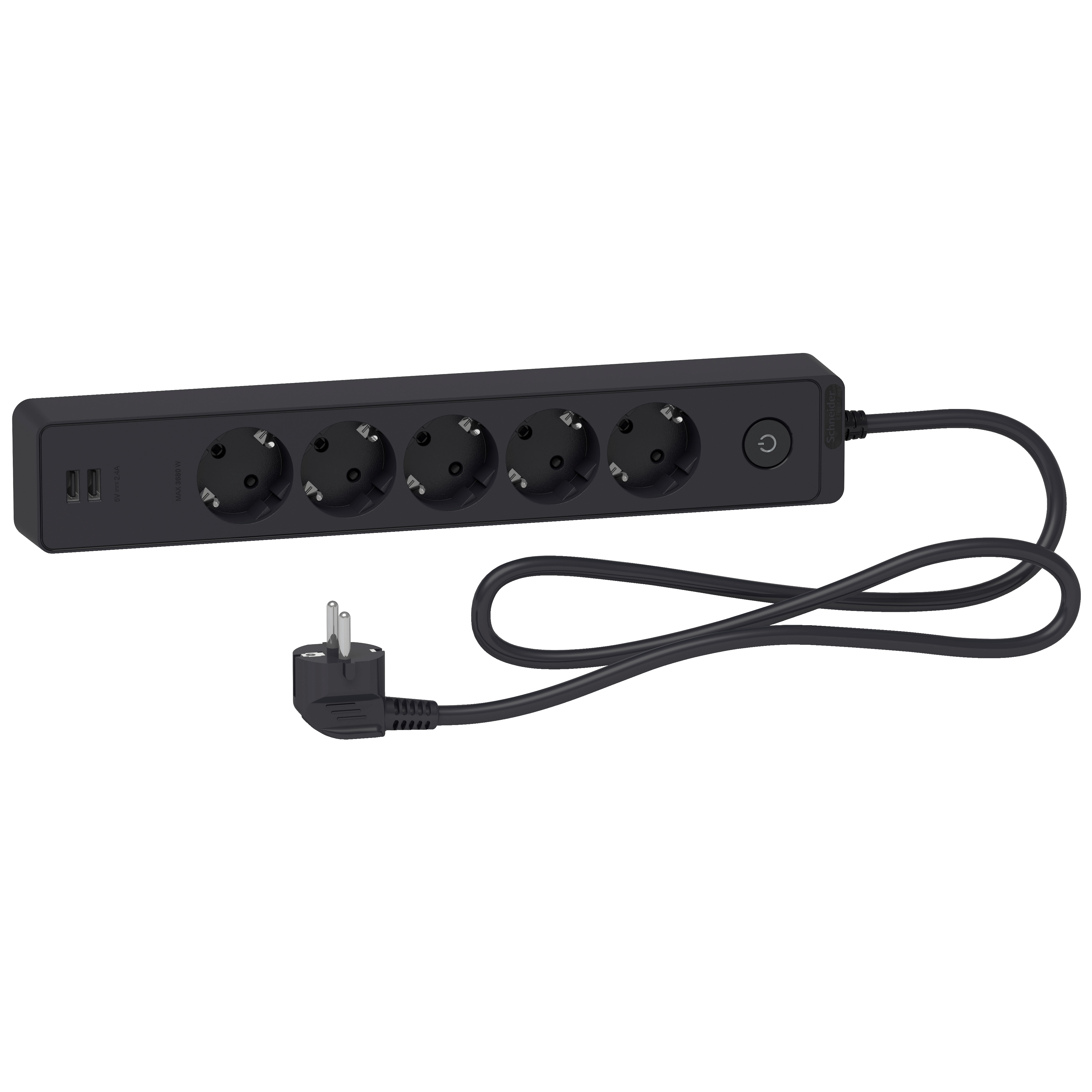 Trailing lead, Unica extend, 5 Schuko, USB type A+A, 1.5m cable, anthracite