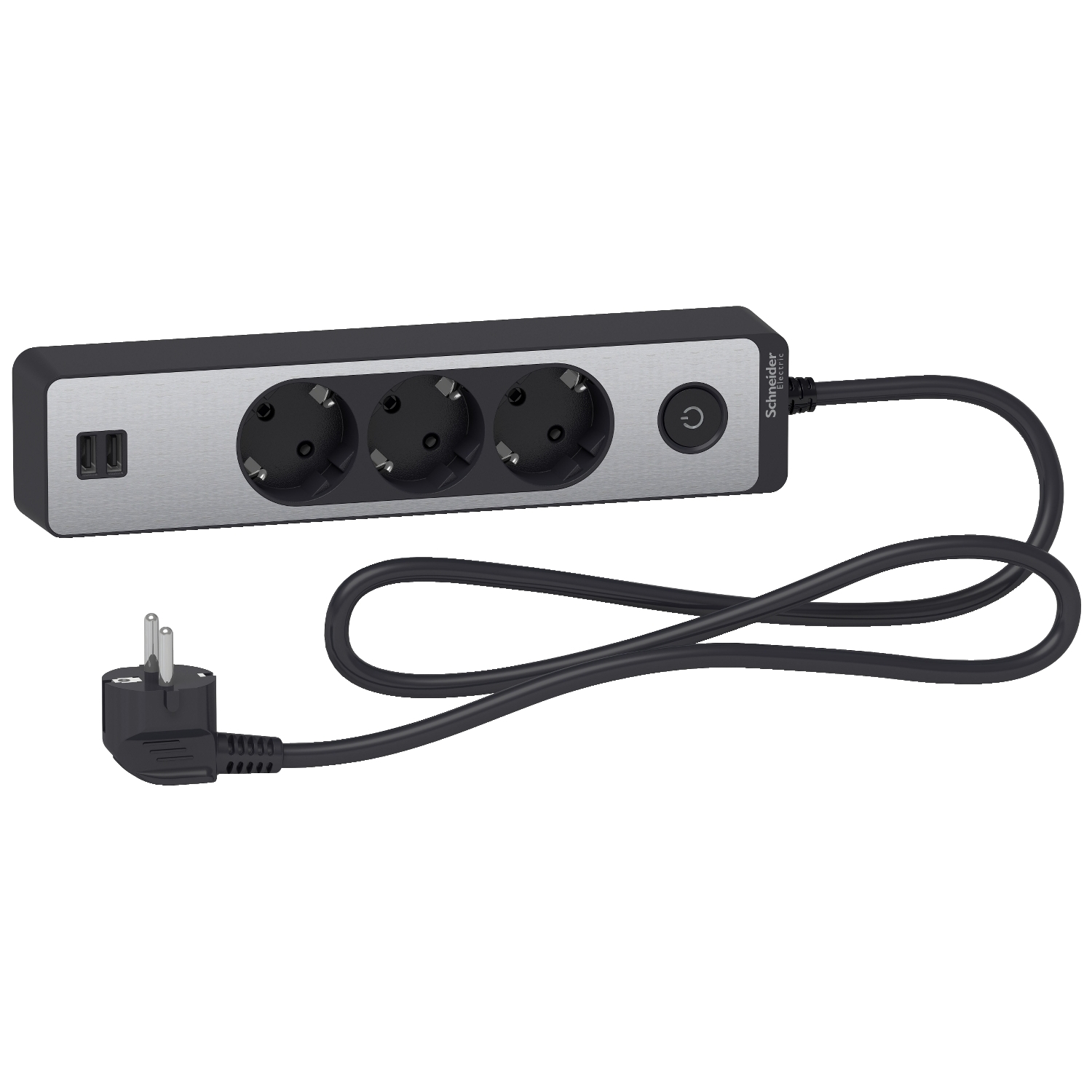 Trailing lead, Unica extend, 3 Schuko, swicthable,  USB type A+A, 1.5m cable, anthracite/alu
