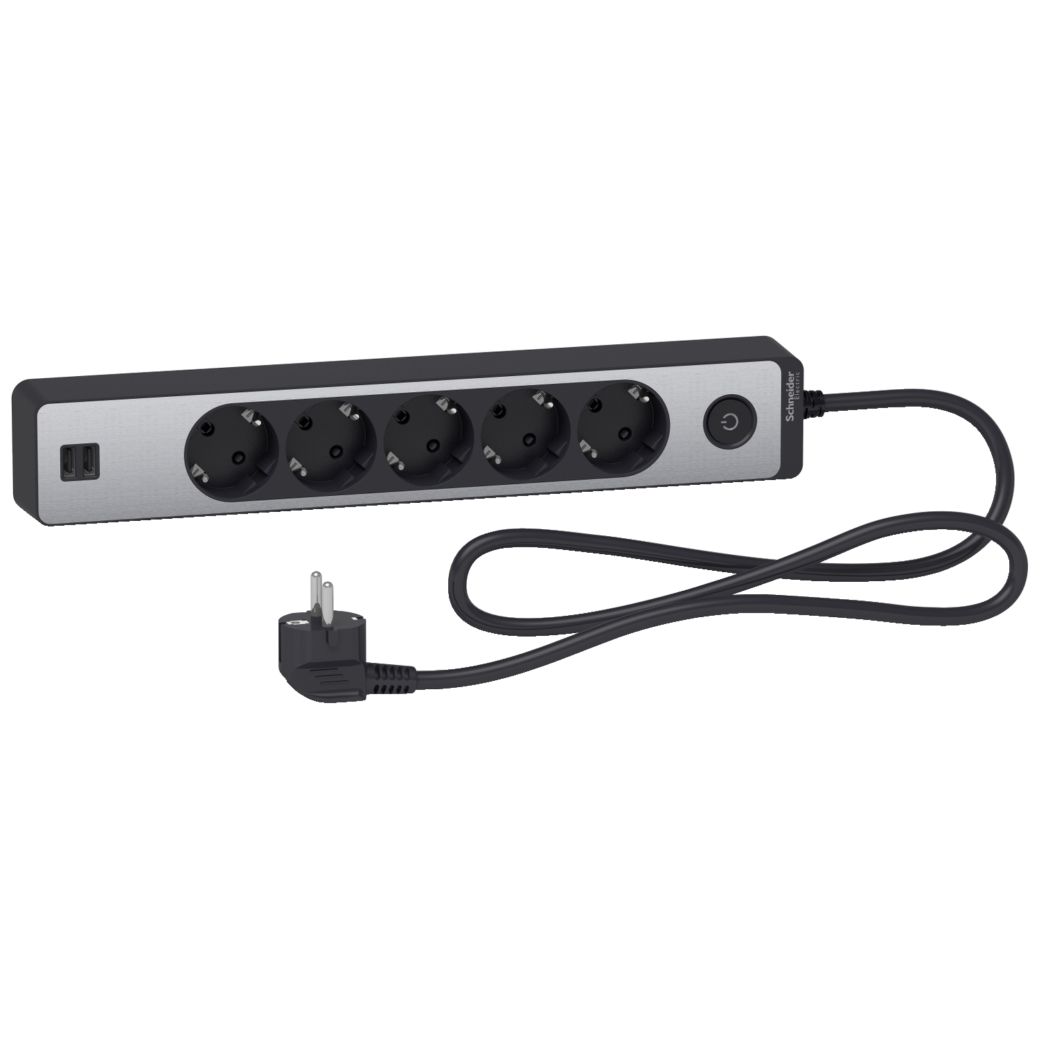 Trailing lead, Unica extend, 5 Schuko, swicthable,  USB type A+A, 1.5m cable, anthracite/alu