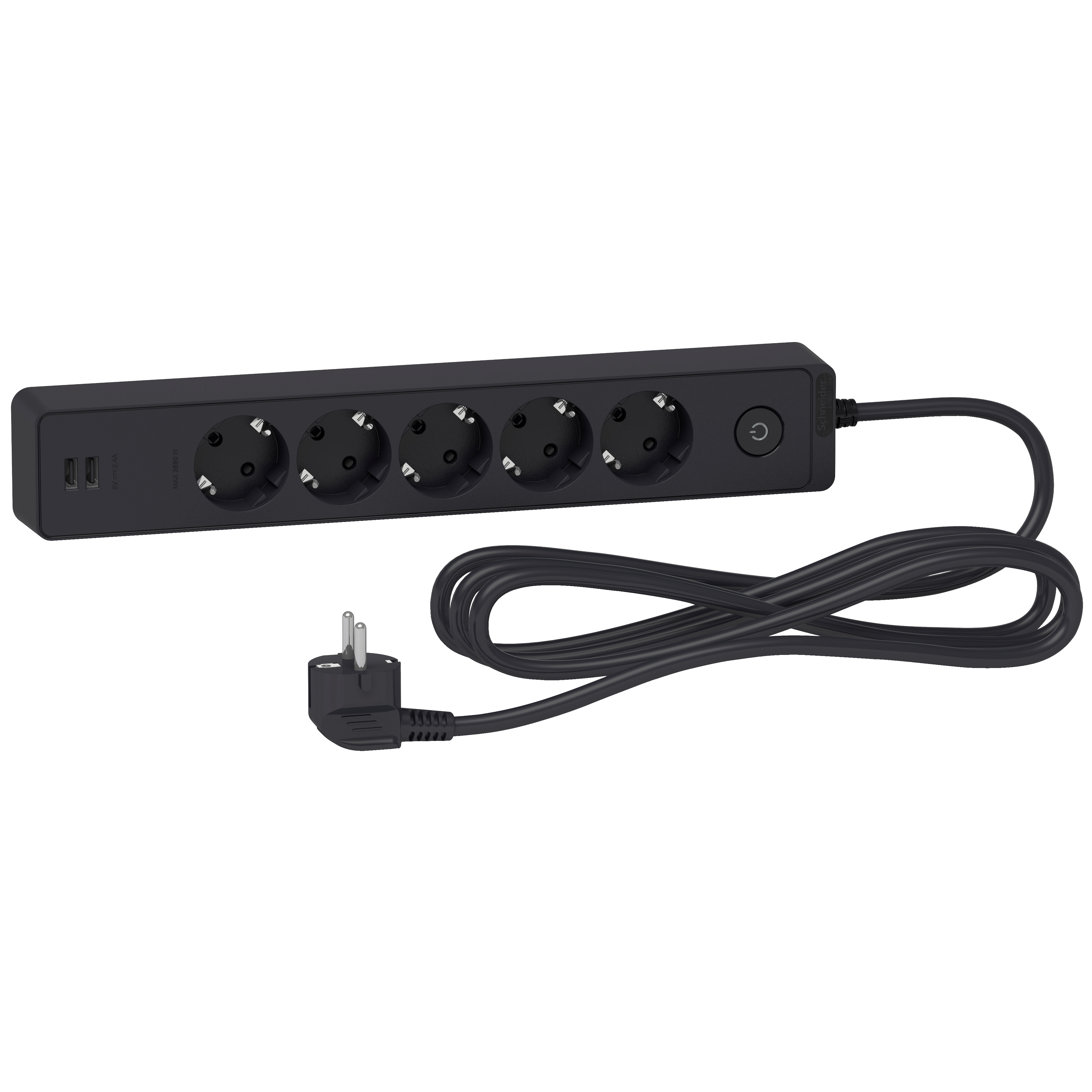Trailing lead, Unica extend, 5 Schuko, USB type A+A, 3m cable, anthracite