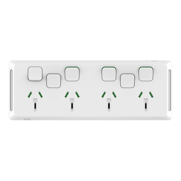 Pro Series, Quad Power Point With 2 Extra Switches, Horizontal Mount, 250V, 10A, Less Mechanisms