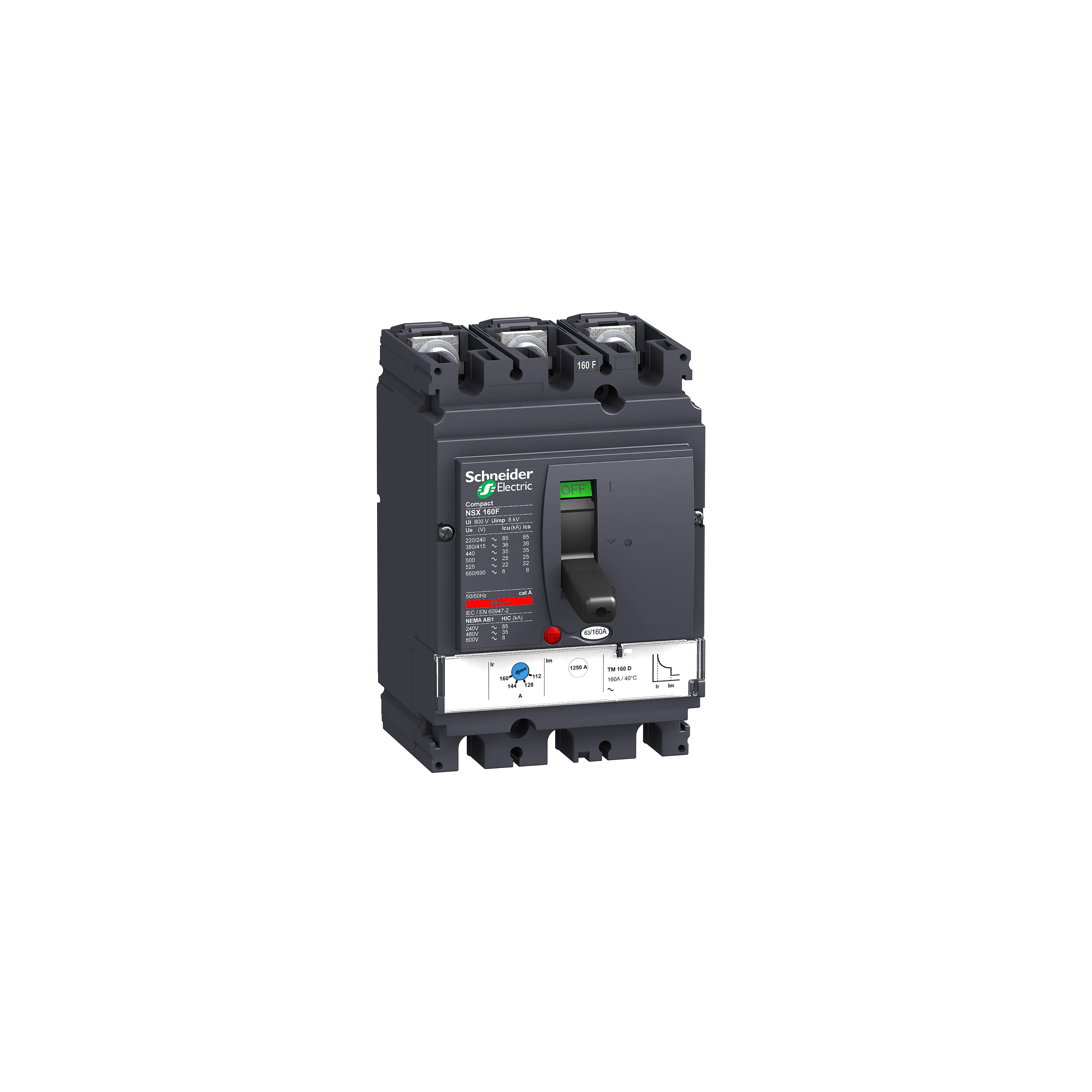 Circuit breaker, ComPact NSX160F, 36kA/415VAC, TMD trip unit 125A, 3 poles 3d
