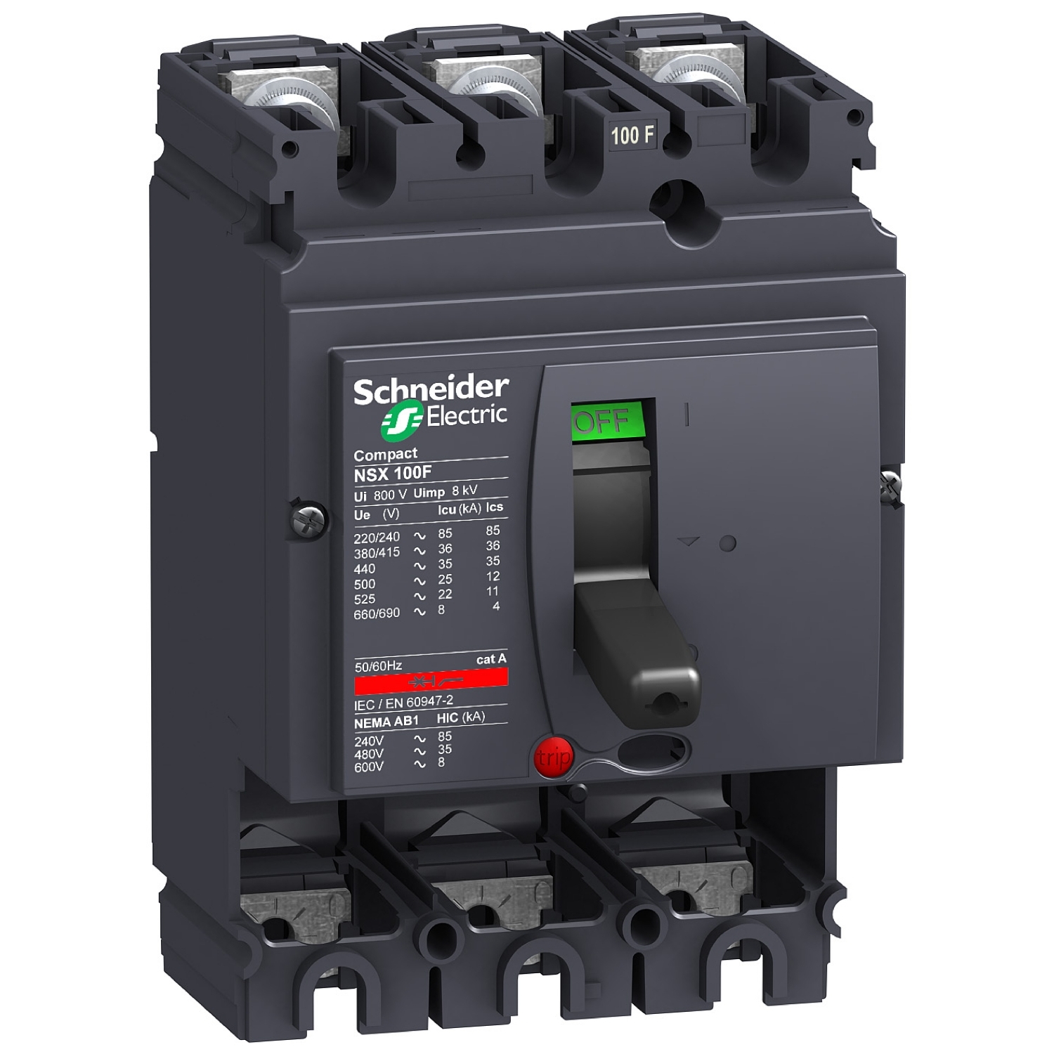 Circuit breaker basic frame, ComPact NSX100F, 36kA at 415VAC 50/60 Hz, 100A, without trip unit, 3 poles