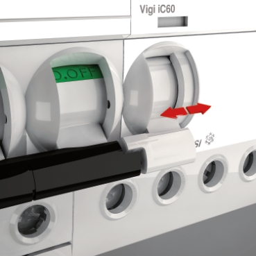 Vigi iC60 DIN rail add-on RCD. VisiTrip fault indicator and toggle combined system