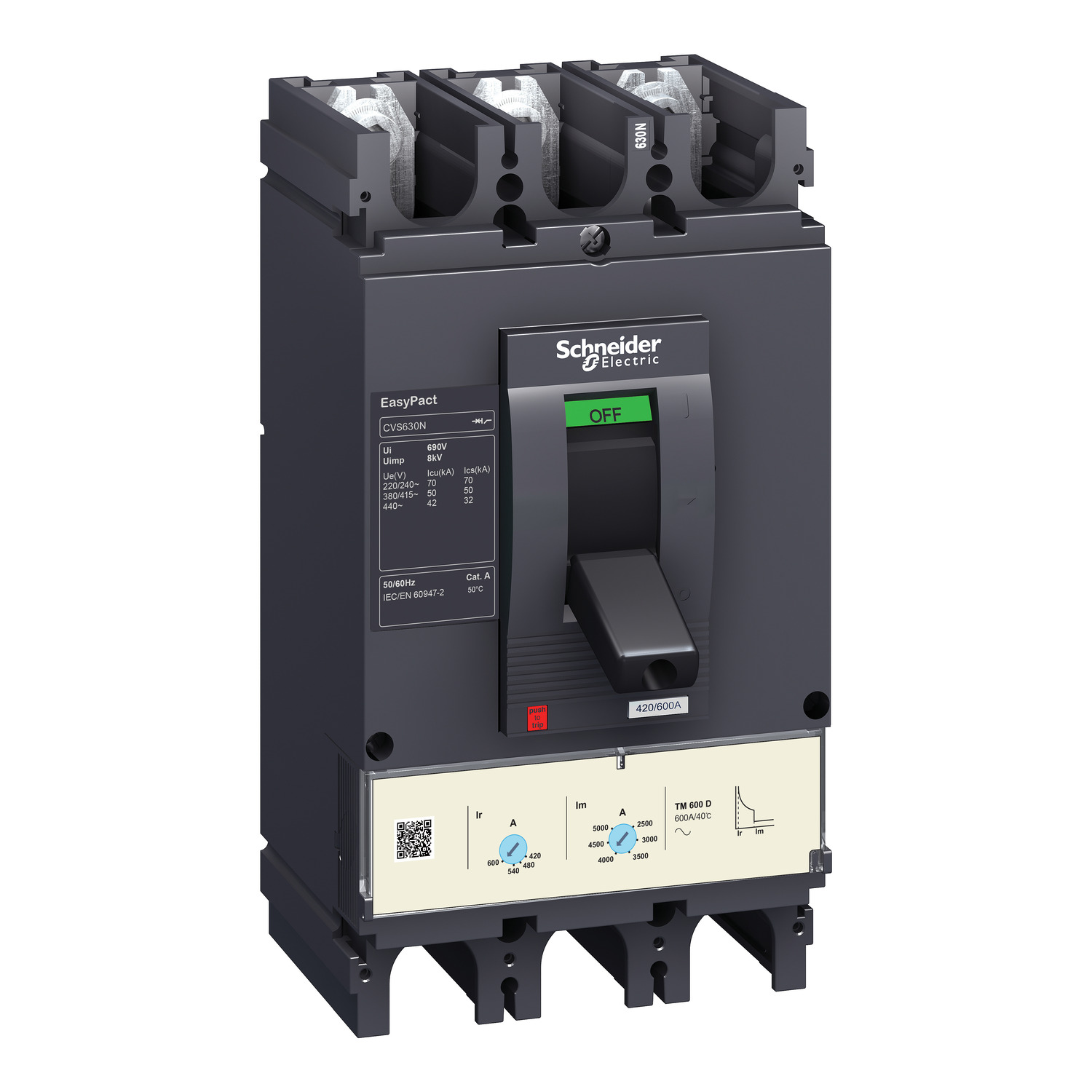 circuit breaker EasyPact CVS400N， 50 kA at 415 VAC， 400 A rating thermal magnetic TM-D trip unit， 3P 3d
