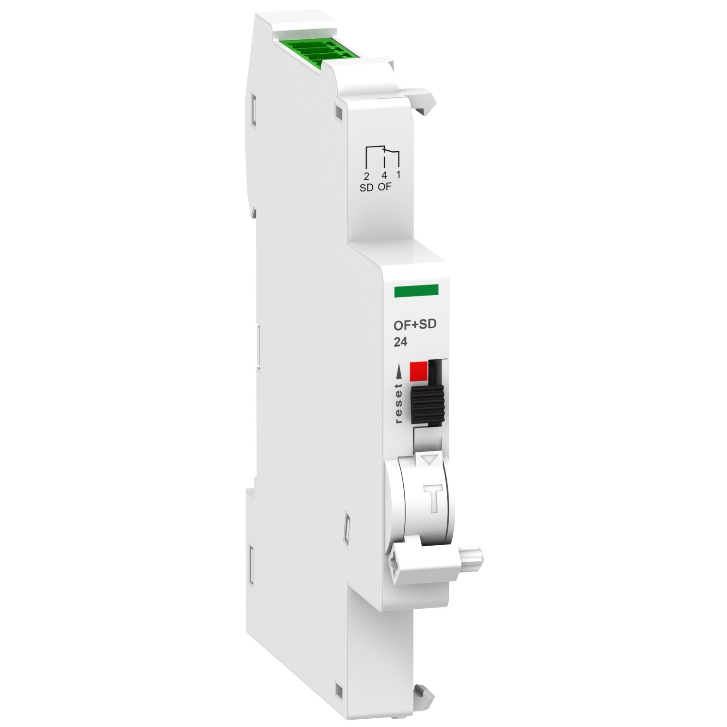 Auxiliary contact, Acti9 A9N, OF+SD, 1 NO + 1 NC, 2mA to 100mA, 24VDC, Ti24 connector on top (sold separately)