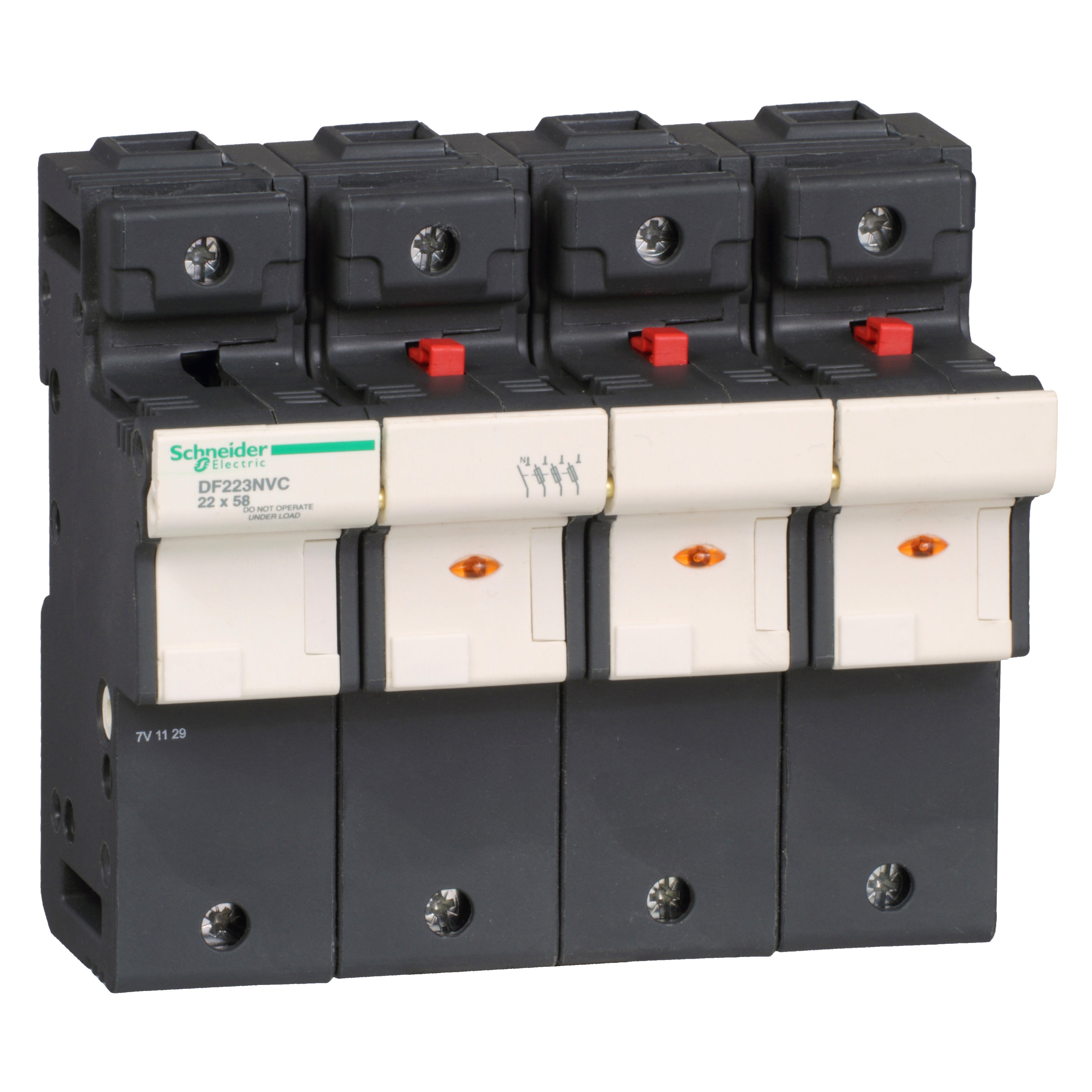 Fuse carrier, TeSys DF, 3P+N, 125A, 690VAC, fuse size 22x58mm, blown fuse indicator