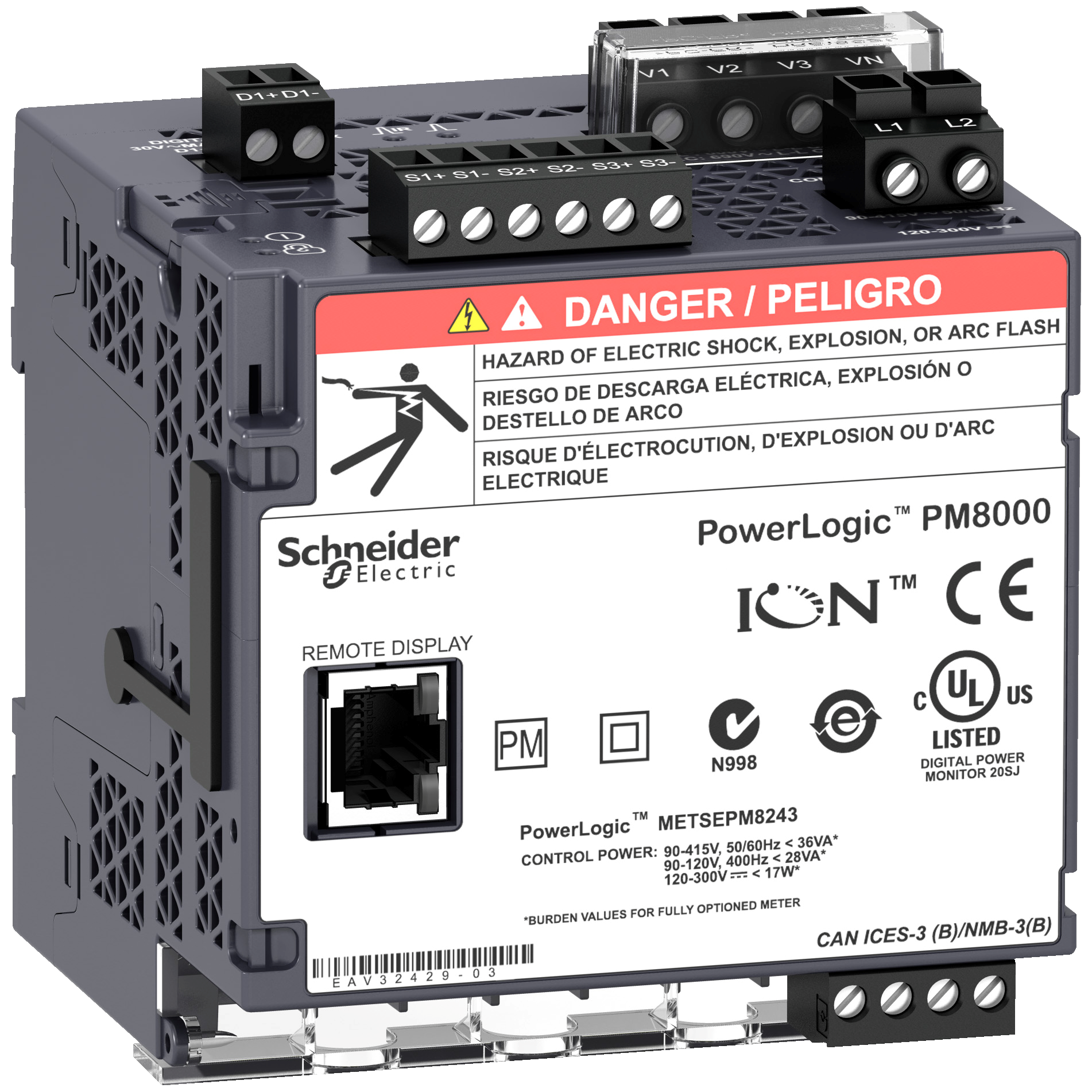 Power quality meter, PowerLogic PM8000, Standard, transducer, 512 MB, 256 s/c