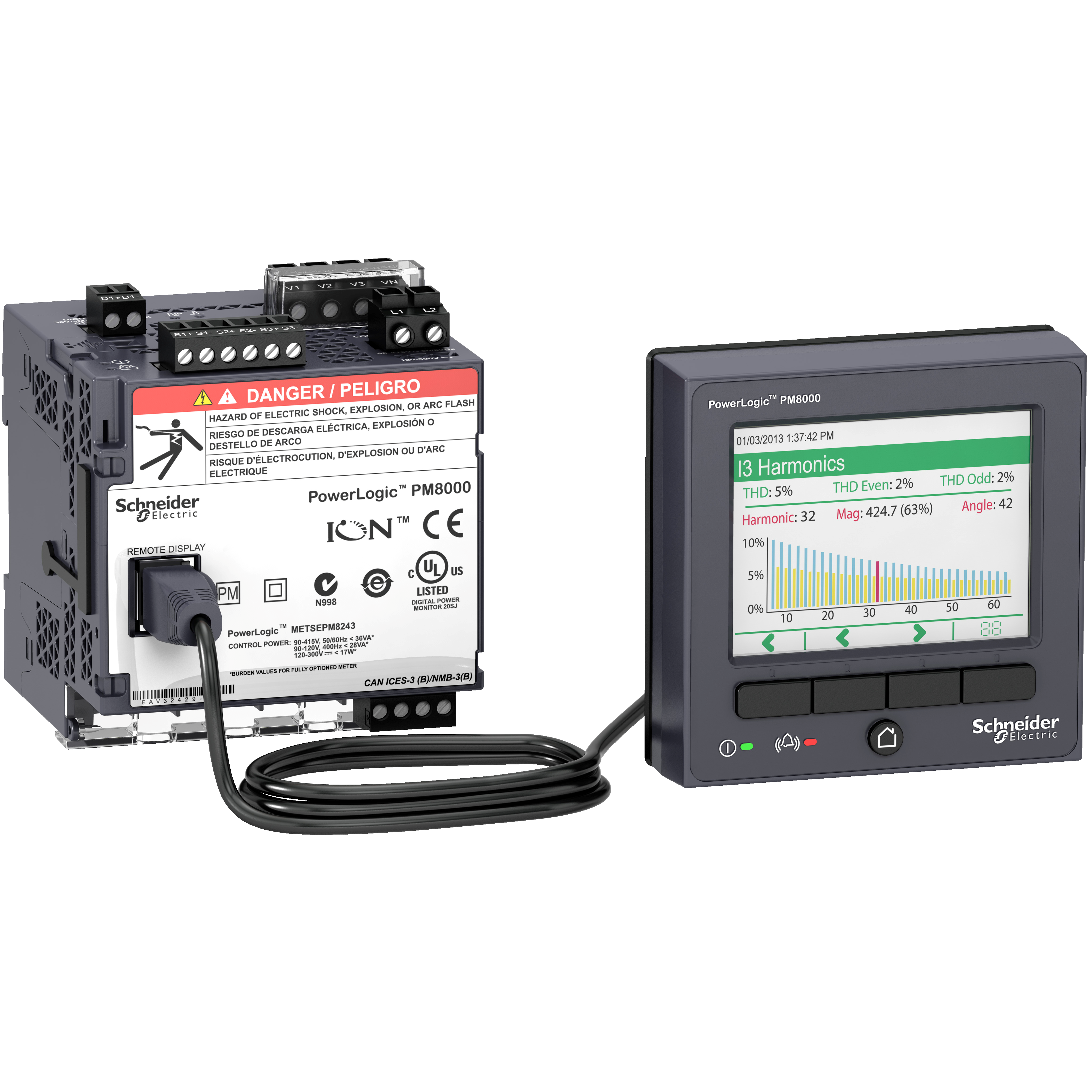 Power quality meter, PowerLogic PM8000, Standard, transducer and remote display, 512 MB, 256 s/c