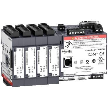 DIN rail-mount PowerLogic PM8000 series meter with 4 I/O extension modules