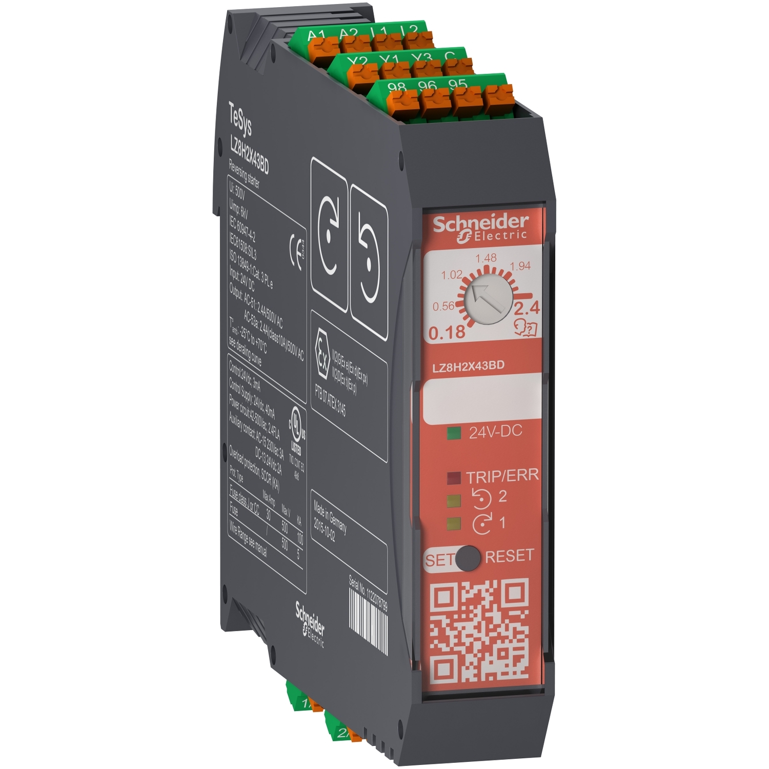 Kompakt motorindító irányváló 0.18-2.4A 0.75kW/400VAC-3 24VDC TeSys LZ7-H Safety STO Schneider