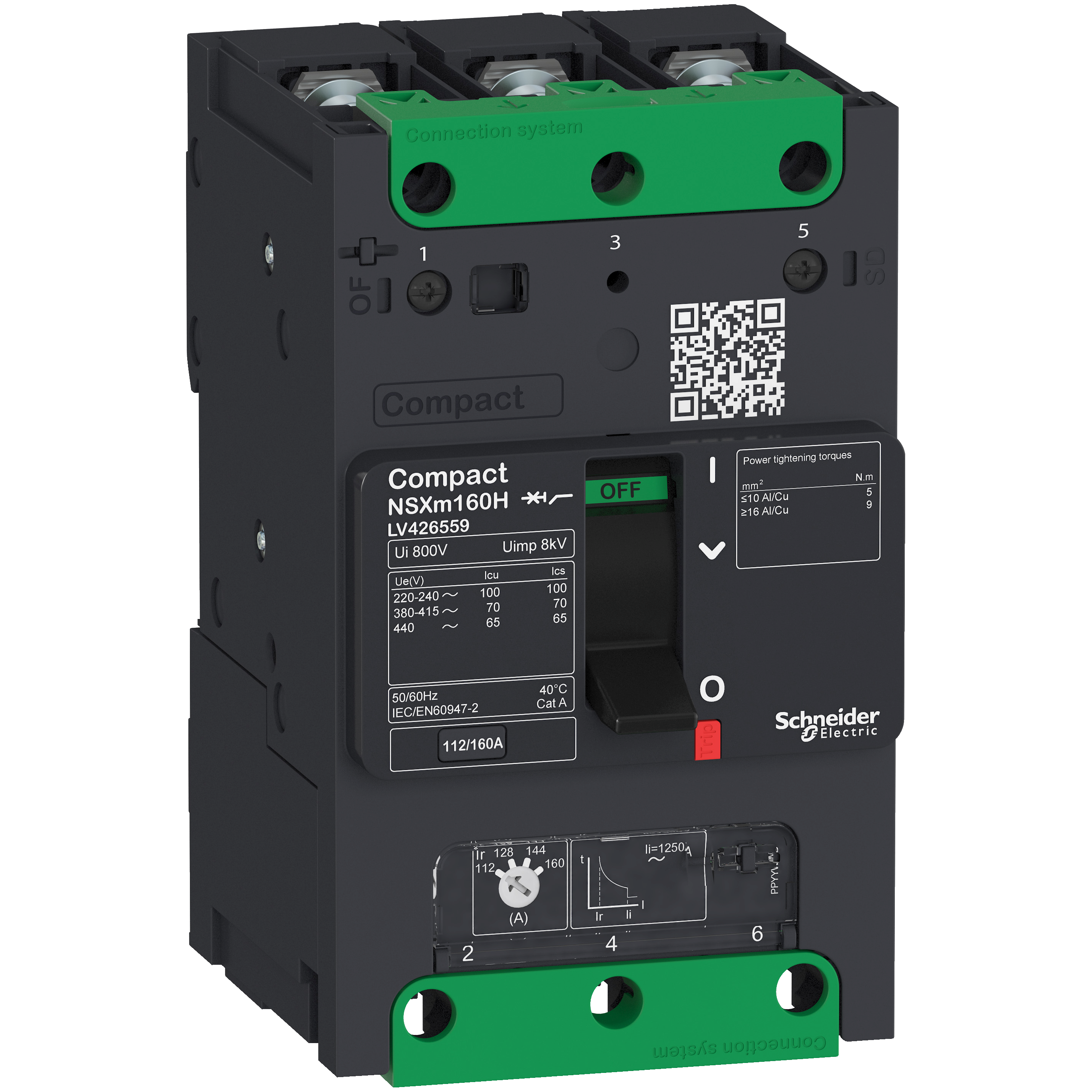 circuit breaker ComPact NSXm B (25 kA at 415 VAC), 3P 3d, 160 A rating TMD trip unit, compression lugs and busbar connectors