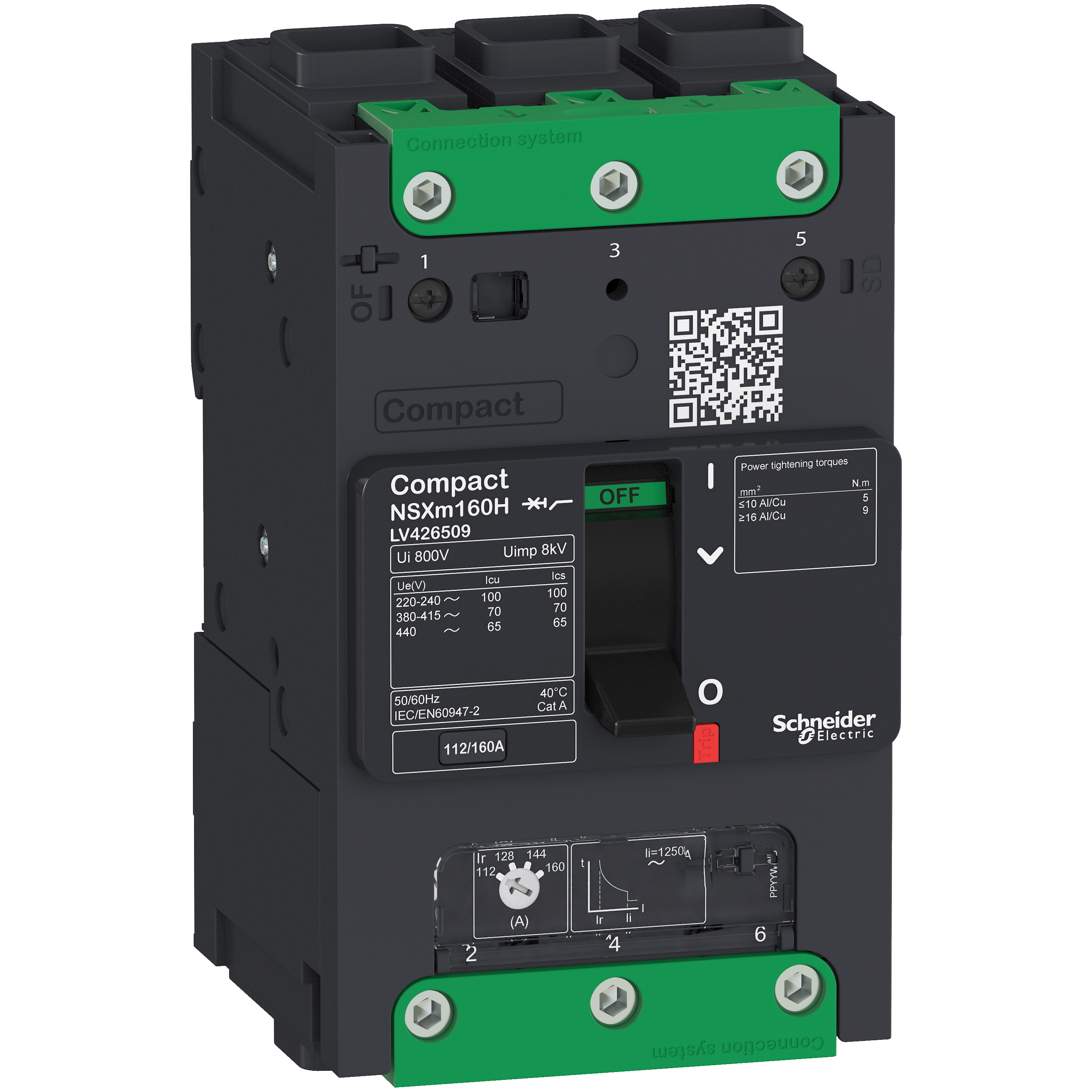 circuit breaker ComPact NSXm B (25 kA at 415 VAC), 3P 3d, 160 A rating TMD trip unit, EverLink connectors