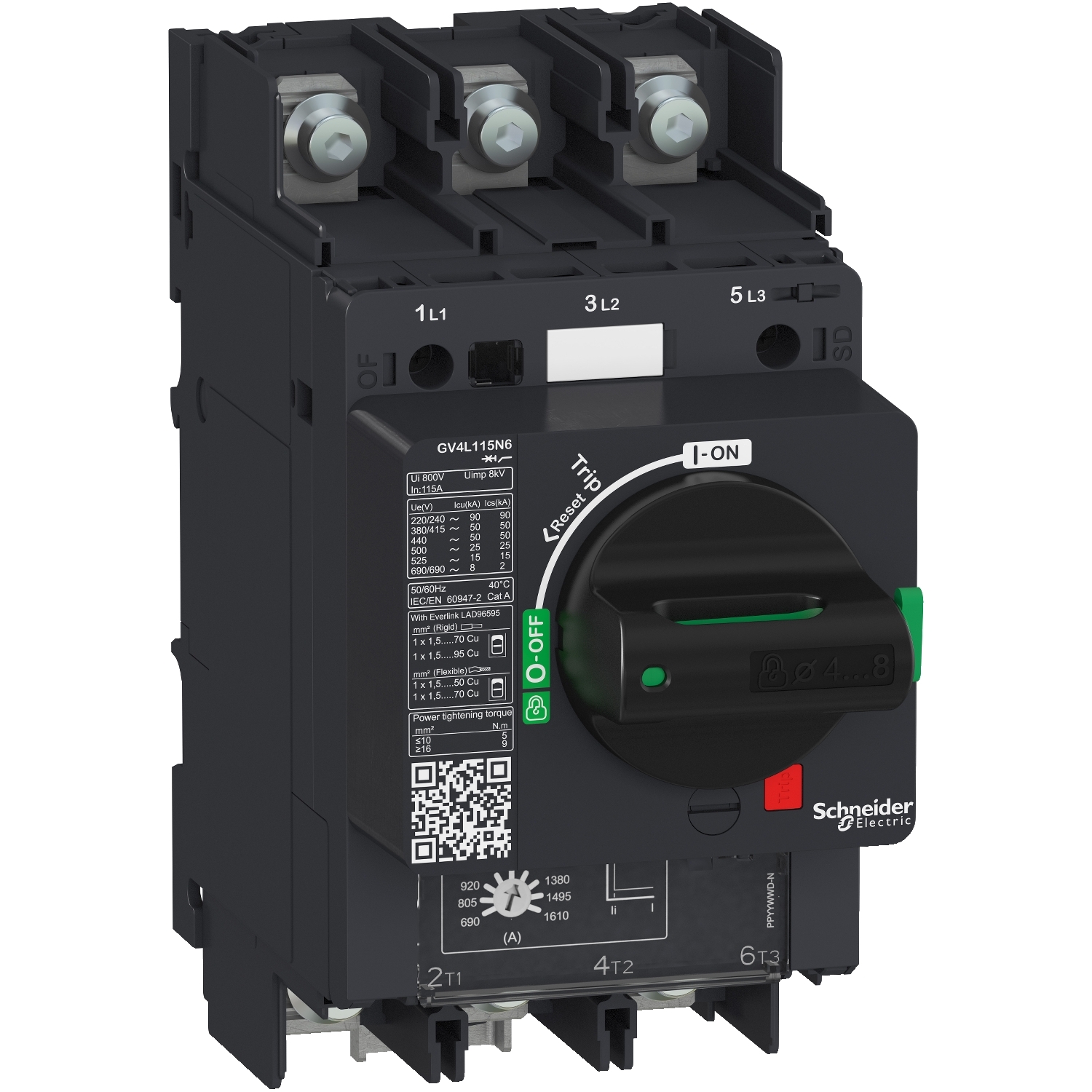 Motor circuit breaker, TeSys GV4, 3P, 115A, Icu 25kA, magnetic, lugs terminals