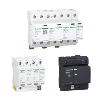 Modular Surge Arrester: iPRF1 12,5r & PRD1 Schneider Electric Type 1 Low Voltage Surge Protection Devices. Maximum discharge current 8 to 65 kA.