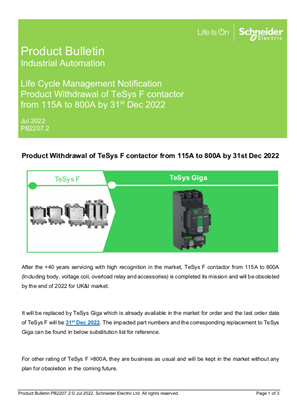 Product Withdrawal of TeSys F contactor from 115A to 800A