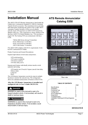 Installation Manual | ATS Remote Annunciator Catalog 5350 | 381333-315