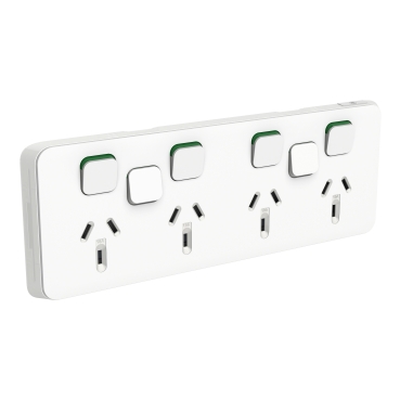 PDL Iconic Quad Power Point Skin With 2 Extra Switches, Horizontal Mount, 250V, 10A, Clip-On